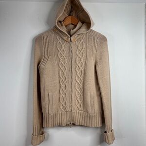 Vintage J. Crew Wool Fisherman Sweater Cardigan M Lambswool Beige Hood Full Zip